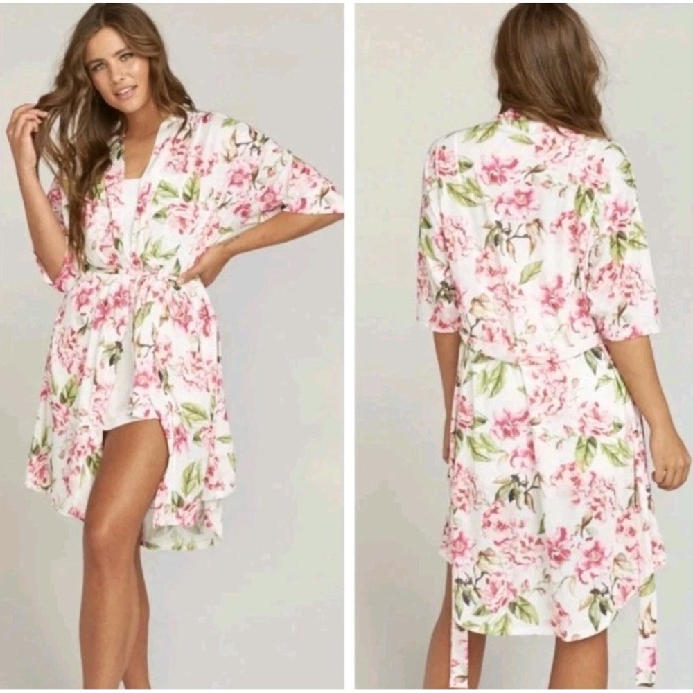 NEW Show Me Your Mumu Brie Floral Robe OS Boho White Pink Flowers Tie Waist Wrap